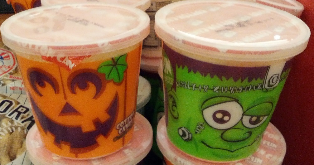 Cotton candy in Jack O' Lantern and Frankenstein containers.